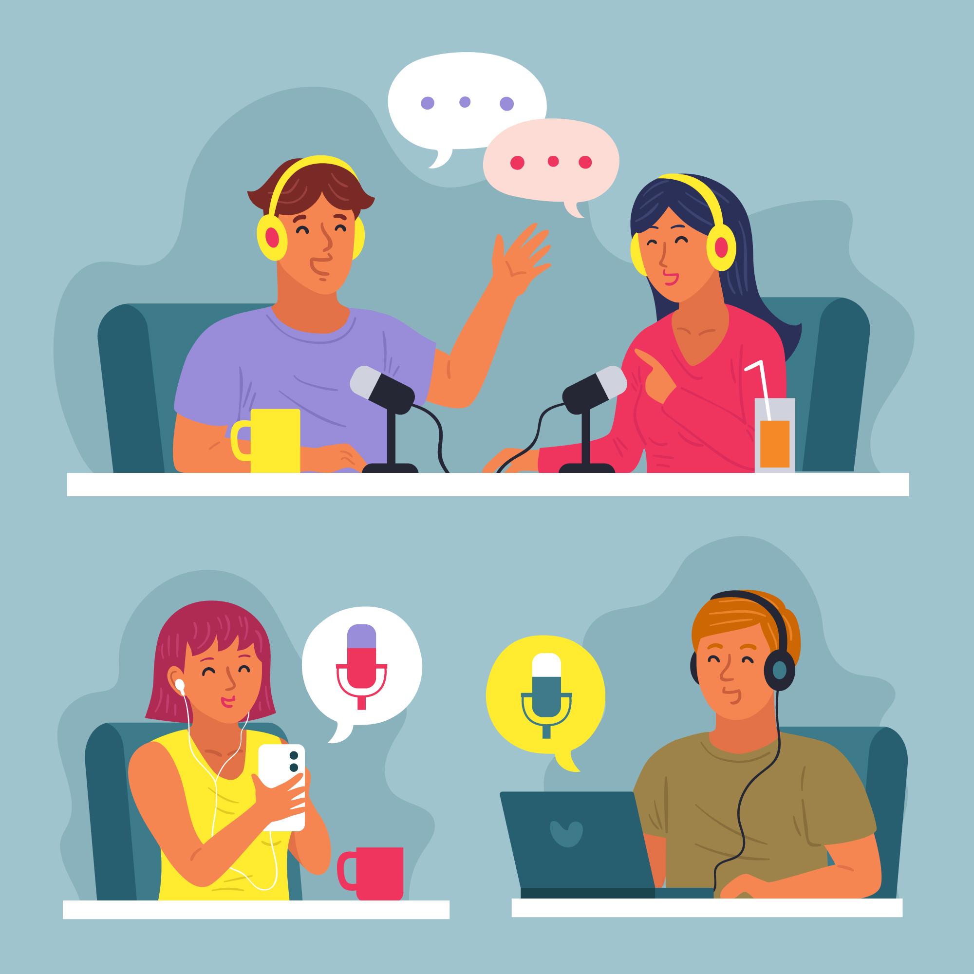 Ilustración de personas grabando podcasts